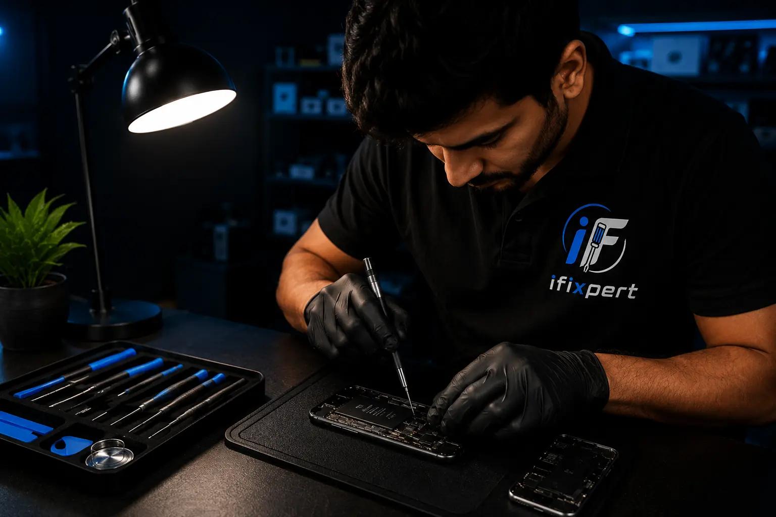 An iFixpert engineer in black gloves easing a precision driver into an opened phone under a desk lamp, a tray of spudgers and drivers open on the bench beside him.