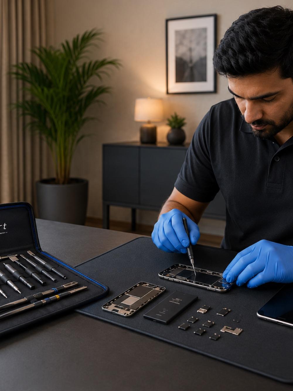 An iFixpert technician in a branded polo and blue gloves repairing an opened phone on an anti-static mat at a customer’s dining table, toolkit laid out beside him.