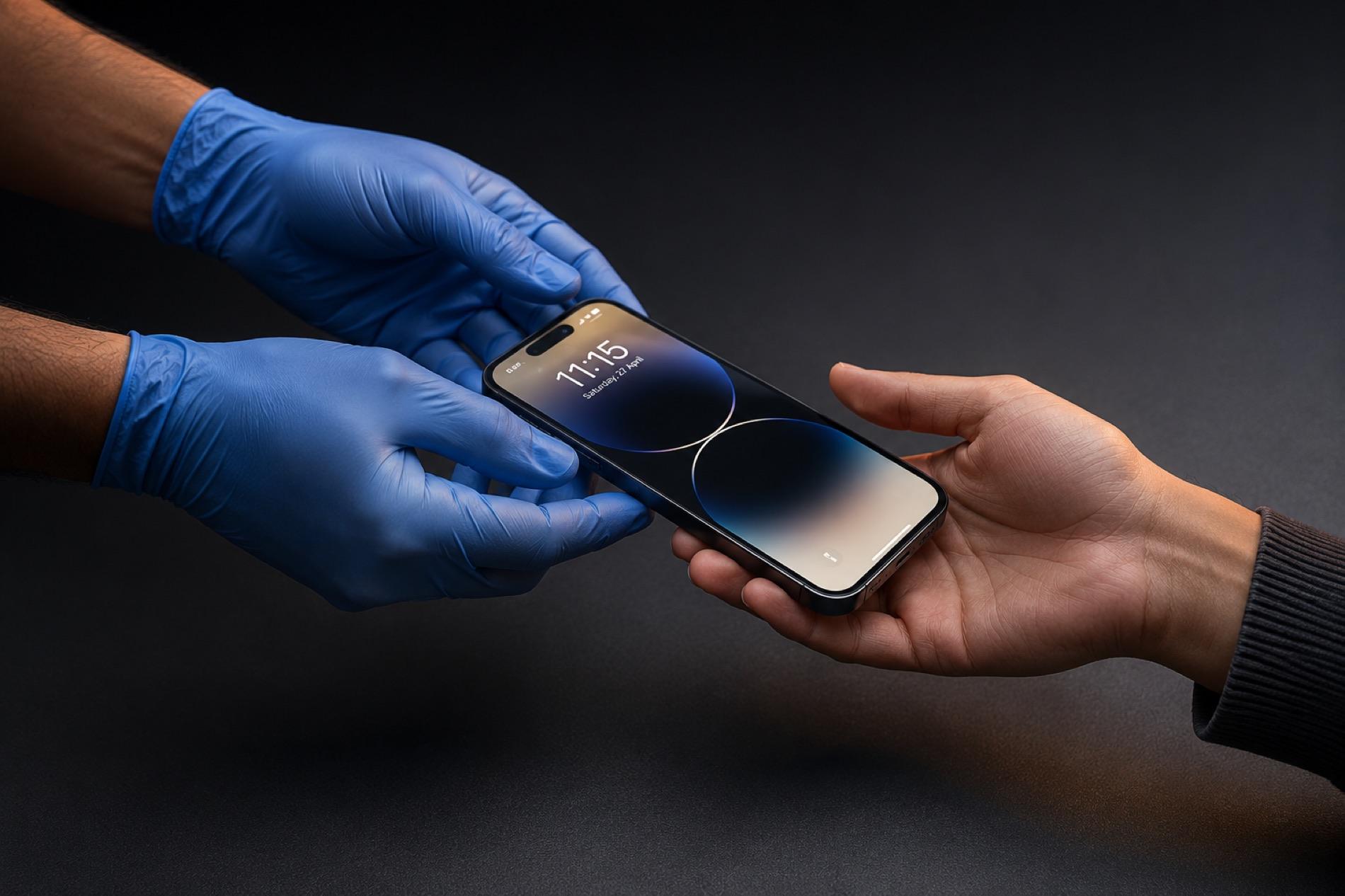 A gloved technician’s hands passing a repaired, powered-on phone back into a customer’s open hands.