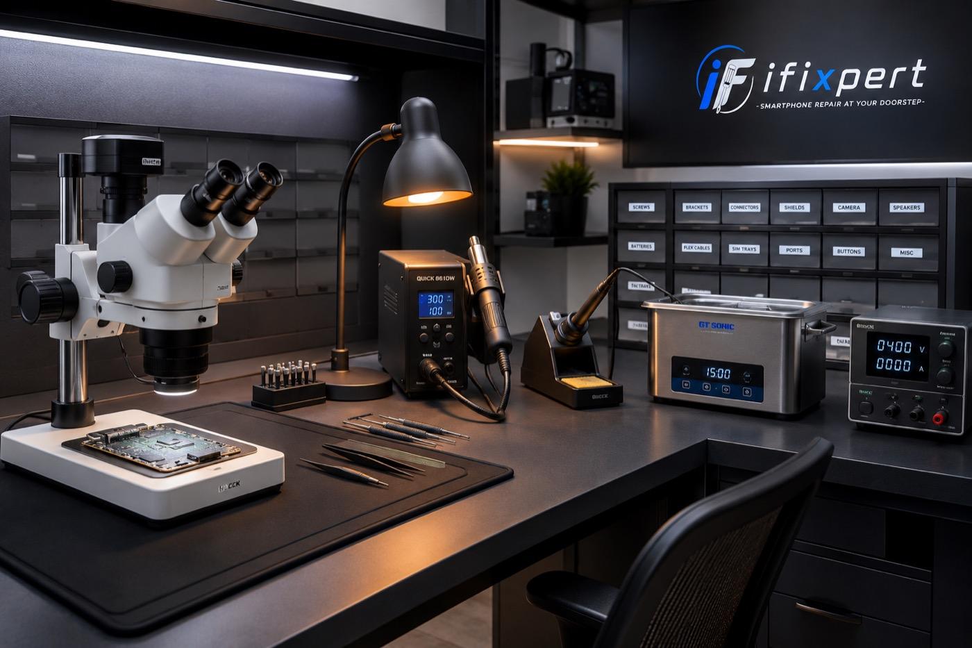 The iFixpert bench in Sector 49: stereo microscope, hot-air rework station, ultrasonic cleaner and labelled component drawers under the iFixpert wall sign.