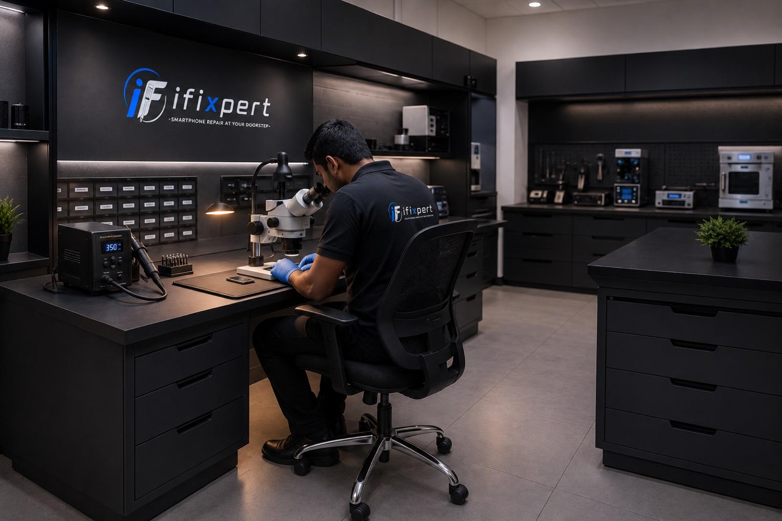 The iFixpert workshop in Sector 49, Gurgaon: a technician at the microscope bench, component drawers along the wall and rework stations on the counter behind.